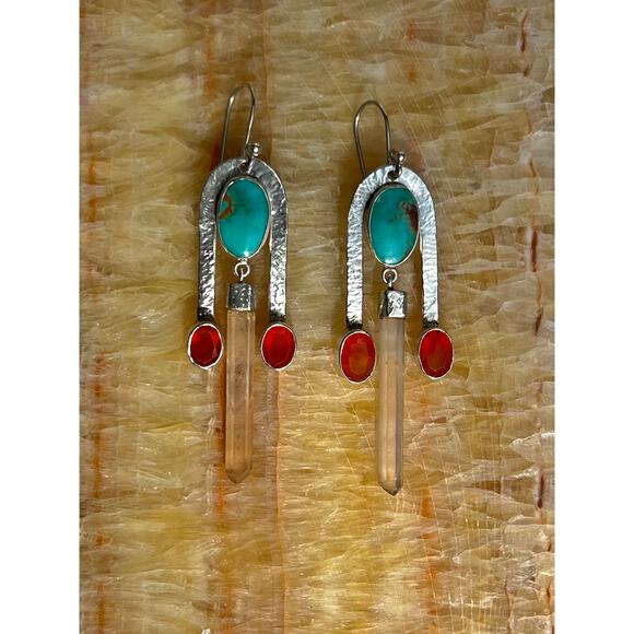 Kingman Turquoise Nepali Quartz Crystal Carnelian Sterling Silver Earrings - Picture 3 of 5